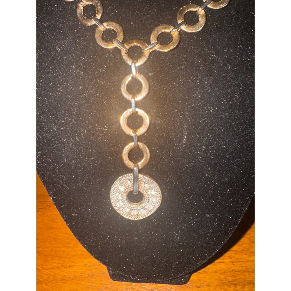 Gold Tone Circle Link Y Necklace‎ Rhinestone Pendant Statement Jewelry - Picture 4 of 6